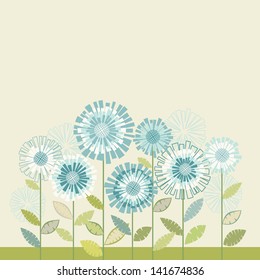 Vector background with stylized blue flower, leaves. Simple invitation and greeting card with bunch of chrysanthemums. Decorative floral abstract cute illustration with stylized flowerbed, text box