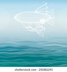 Vector background: stylized fantastic airship on a sea background.