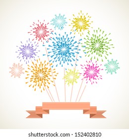 Vector background with stylized fireworks of color triangles and decorative ribbon. Invitation and greeting card with salute. Abstract simple geometric illustration with text box for print, web 