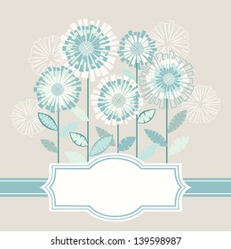 Vector background with stylized flower, leaves and ribbon. Invitation and greeting card with bunch of chrysanthemums. Decorative floral abstract illustration with text box for celebration and holiday