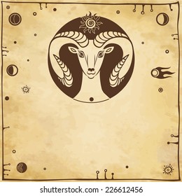 Vector background:  stylized goat the symbol of 2015, a place for the text. Imitation of old paper.