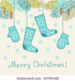 Vector background with stylized mittens, socks, branches of christmas tree, cones, snowflakes. Invitation, greeting card with lettering - Merry Christmas. Abstract winter decorative illustration 