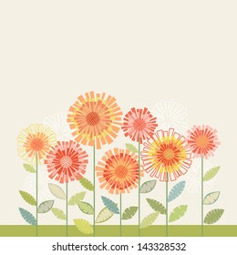 Vector background with stylized orange flower, leaves. Simple invitation and greeting card with bunch of chrysanthemums. Decorative floral abstract cute illustration with stylized flowerbed, text box