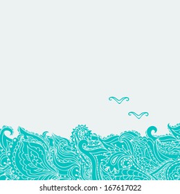 Vector background with stylized sea waves and seagulls.