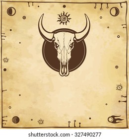 Vector background: the stylized skull of a bull. Imitation of old paper.