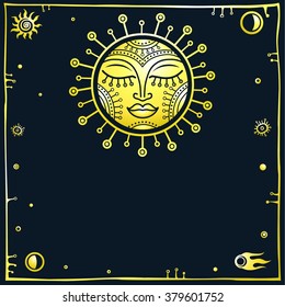 Vector background: stylized sun with a place for the text. Dark background. Gold imitation.