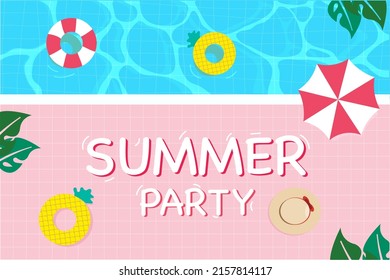 vector background Summer banner with pool party. umbrellas, ball, swim. Horizontal poster.