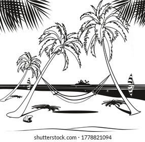 The vector background. Summer beach landscape illustration. Palms with the hammock. 