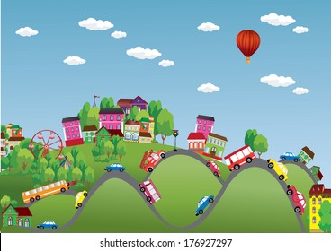 Vector background summer city with cars on the roads