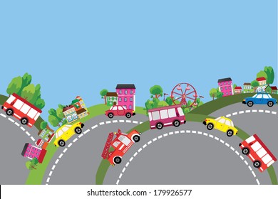 Vector background summer city with cars on the roads.