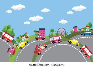 Vector background summer city with cars on the roads