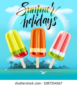 Vector background with summer elements. Vector Summer Beach Flyer Design with ice creams on ocean landscape background. Typographic design.