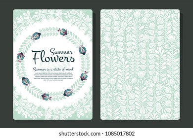Vector Background with Summer Flowers, Cute Flourish Illustration with Text. Can be used as blank form layout for greeting card, calendar, poster, sale banner, print and web design, wedding invitation