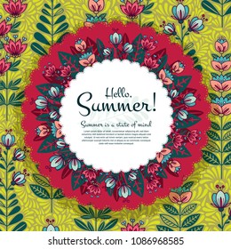 Vector Background with Summer Flowers, Cute Flourish Illustration with Text. Can be used as blank form layout for greeting card, calendar, poster, sale banner, print and web design, wedding invitation