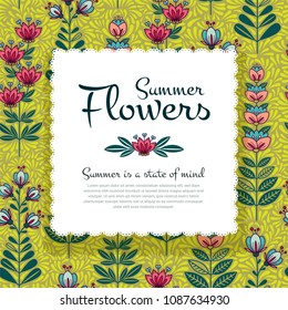 Vector Background with Summer Flowers, Cute Flourish Illustration with Text. Can be used as blank form layout for greeting card, calendar, poster, sale banner, print and web design, wedding invitation