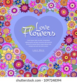Vector Background with Summer Flowers, Cute Heart Illustration with Text. Can be used as blank form layout for greeting card, calendar, poster, sale banner, print and web design, wedding invitation