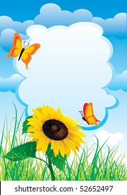 vector background with summer landscape with sunflowers and butterflies. The template for placement of text