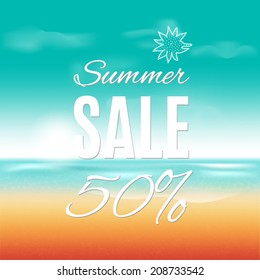 Vector background summer sale 50%. Backdrop with sun, sky, cloud, ocean, sea, wave, beach, sand, starfish. Flyer, banner, poster, label, coupon, discount design template for business.