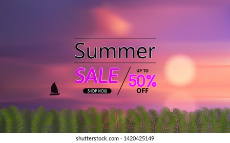 Vector Background and Summer Sale for banner. And the view of the sea during the evening before sundown. and Can be used as an illustration or as a backdrop.