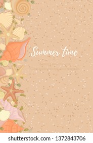 Vector background summer starfish seashells seaweed on sandy background. Summer banner design - Vector illustration.