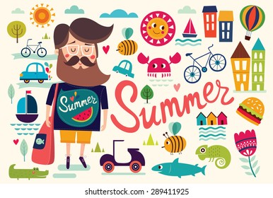 Vector background with summer symbols: hipster man, sailboat, bee, motorbike, trees, crocodile. Cartoon pattern