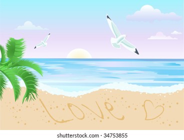 Vector background summer vacation – sea, seagull, love.