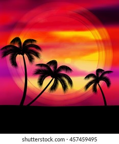 Vector background summer vacation with sunset and palm trees