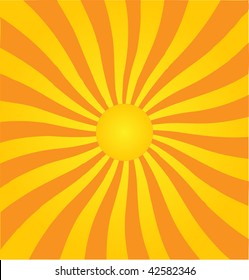 Vector background of sun burst, 60s, 70s psychedelic sunburst sunrays abstract illustration - yellow, orange, gold summer light rays, starburst, sunshine bright design as wallpaper, backdrop, template