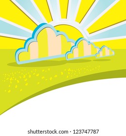 vector background with sun and clouds. summer / spring landscape. green grass background.