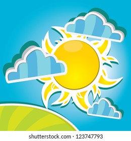 vector background with sun and clouds. summer / spring landscape. green grass background.