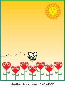 vector background sun, heart flowers, and happy bee