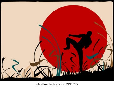 vector background with sun and karate fighter in front