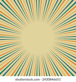 Vector de fondo rayo de sol con naranja, amarillo y otro color retro. Rayos de sol Estilo vintage retro en amarillo, fondo de chocklet, fondo de patrón Sunburst. Rayos. Ilustración de vector de banner de verano. 