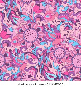 Vector background with sun-bird Phoenix and sunflower in pink blue style for your design