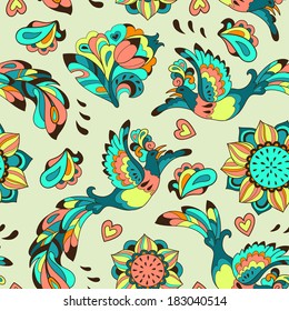 Vector background with sun-bird Phoenix and sunflower in colorful style for your design