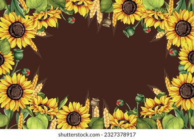 Vector background with sunflower, ear wheat and poppy