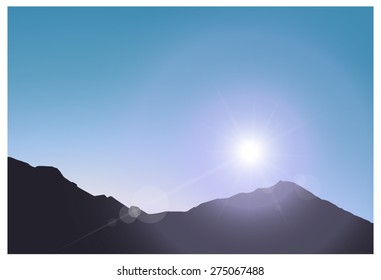 Vector background of sunny blue sky and silhouette of mountains. Eps 10.