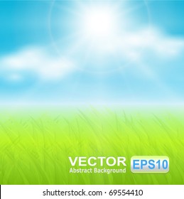 Vector Background, Sunny Spring Sky And Green Meadow.