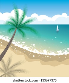 vector background of sunny tropical beach with palm tree, sand and water