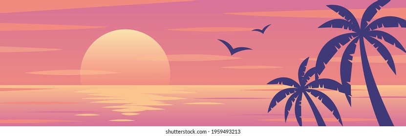 vector background with sunset on the beach with palms for banners, cards, flyers, social media wallpapers, etc.