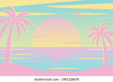 vector background with sunset on the beach with palms for banners, cards, flyers, social media wallpapers, etc.