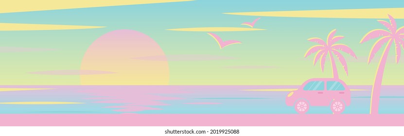 vector background with sunset on the beach with palms and a car for banners, cards, flyers, social media wallpapers, etc.