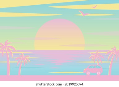 vector background with sunset on the beach with palms and a car for banners, cards, flyers, social media wallpapers, etc.