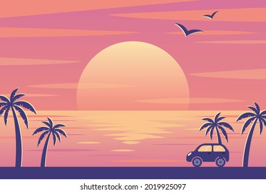 vector background with sunset on the beach with palms and a car for banners, cards, flyers, social media wallpapers, etc.