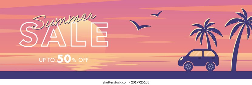 vector background with sunset on the beach with palms and a car for banners, cards, flyers, social media wallpapers, etc.