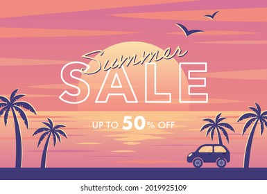 vector background with sunset on the beach with palms and a car for banners, cards, flyers, social media wallpapers, etc.