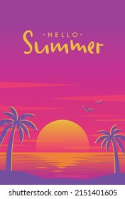 vector background with sunset on the beach with palms for banners, cards, flyers, social media wallpapers, etc.