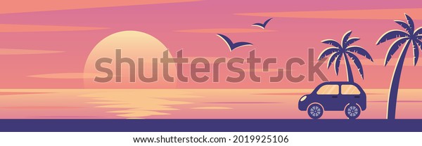 vector background with sunset on the beach with\
palms and a car for banners, cards, flyers, social media\
wallpapers, etc.
