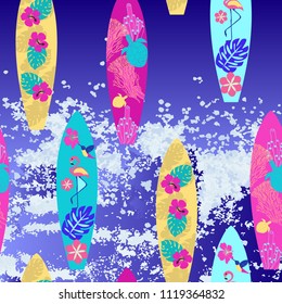 Vector background surfboard seamless pattern. Colorful surfing summertime illustration  