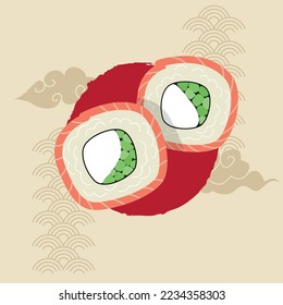 Fondo vectorial con rollos de sushi y adorno asiático